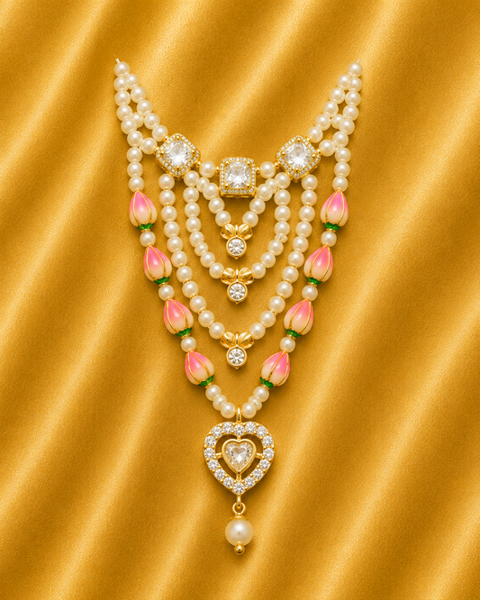 AD Heart Pendant White Pearl & Kundan Style Mala — Elegant Shringar Necklace for Thakur Ji | 8 CM HEIGHT