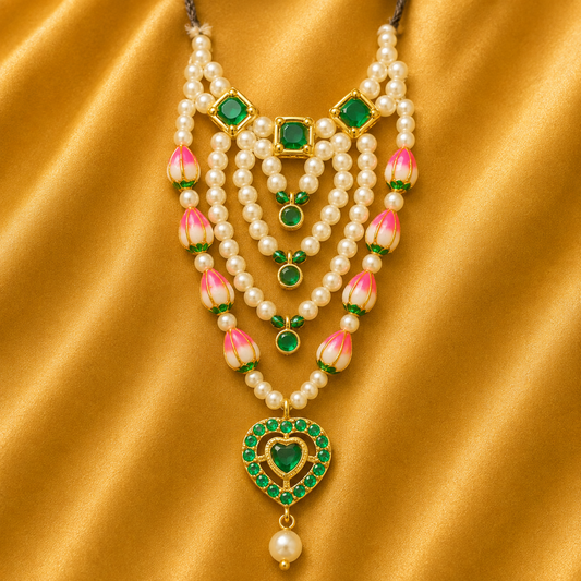 AD Heart Pendant White Pearl & Kundan Style Mala — Elegant Shringar Necklace for Thakur Ji | 8 CM HEIGHT