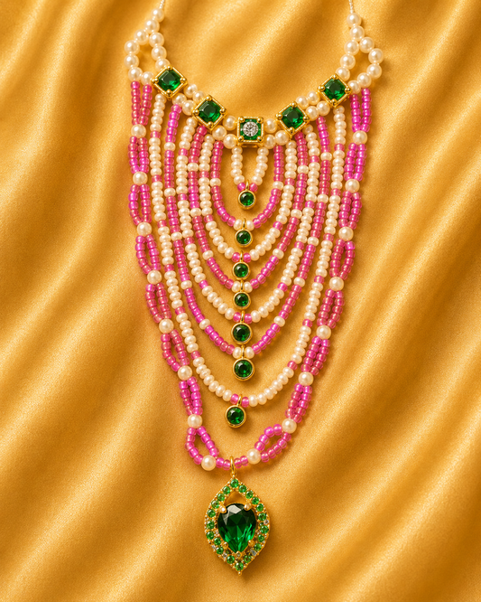 Semi Moti Long AD Haar — Premium Pearl & American Diamond Long Necklace for Thakur Ji Shringar | 10 CM Long